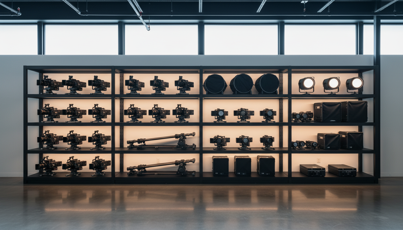 An array of meticulously organized, high-end film production equipment arranged on sleek, matte-black shelving, featuring polished aluminum camera rigs, textured carbon fiber tripods, and pristine matte-finish lighting units. The setting is a state-of-the-art production studio, with soft daylight diffused through frosted upper windows reflecting subtly across smooth concrete floors and minimal industrial fixtures. Subtle under-shelf LED lighting creates a glow on the equipment, enhancing a clean and professional workspace. The mood is focused and modern, with an energetic sense of readiness. Shot from an eye-level perspective in a wide, centered composition, showcasing the full setup in sharp focus. The overall aesthetic is photographic realism with an emphasis on clarity and contemporary design, perfectly representing a premier source for movie production gear.