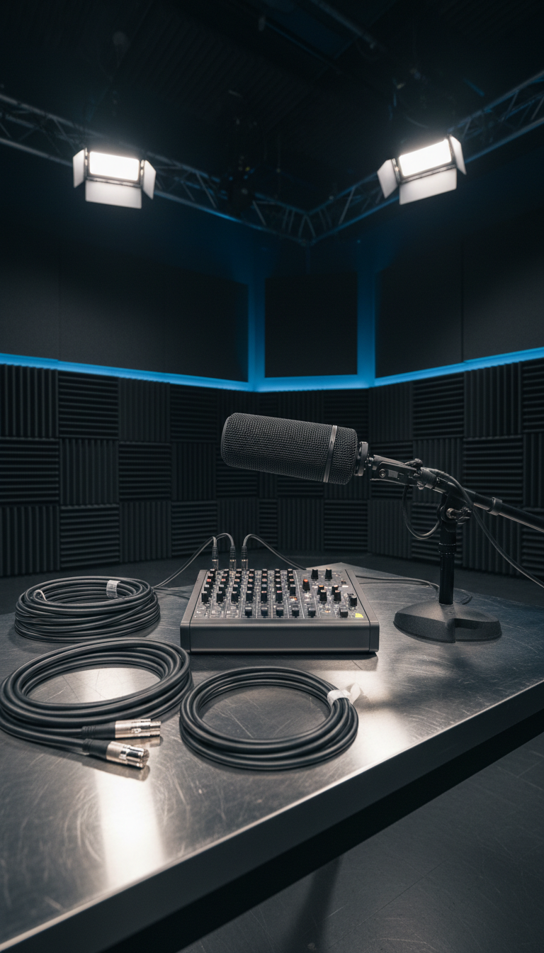 A vivid and detailed display of essential audio recording equipment for film, including a matte-charcoal field mixer, sturdy black boom microphone with a windscreen, and coiled premium XLR cables, all arranged on a smooth, reflective stainless steel work table. The setting is a contemporary soundstage with acoustic foam panels and soft blue backlight creating depth in the background. Gentle overhead studio lights cast even illumination, highlighting textures and clean lines. The atmosphere is crisp and professional, suggesting meticulous attention to audio quality. The composition uses rule of thirds framing from a mid-height viewpoint, keeping focus sharp throughout, with a photographic realism and minimalist, technical style that embodies the expertise of a production supply company.